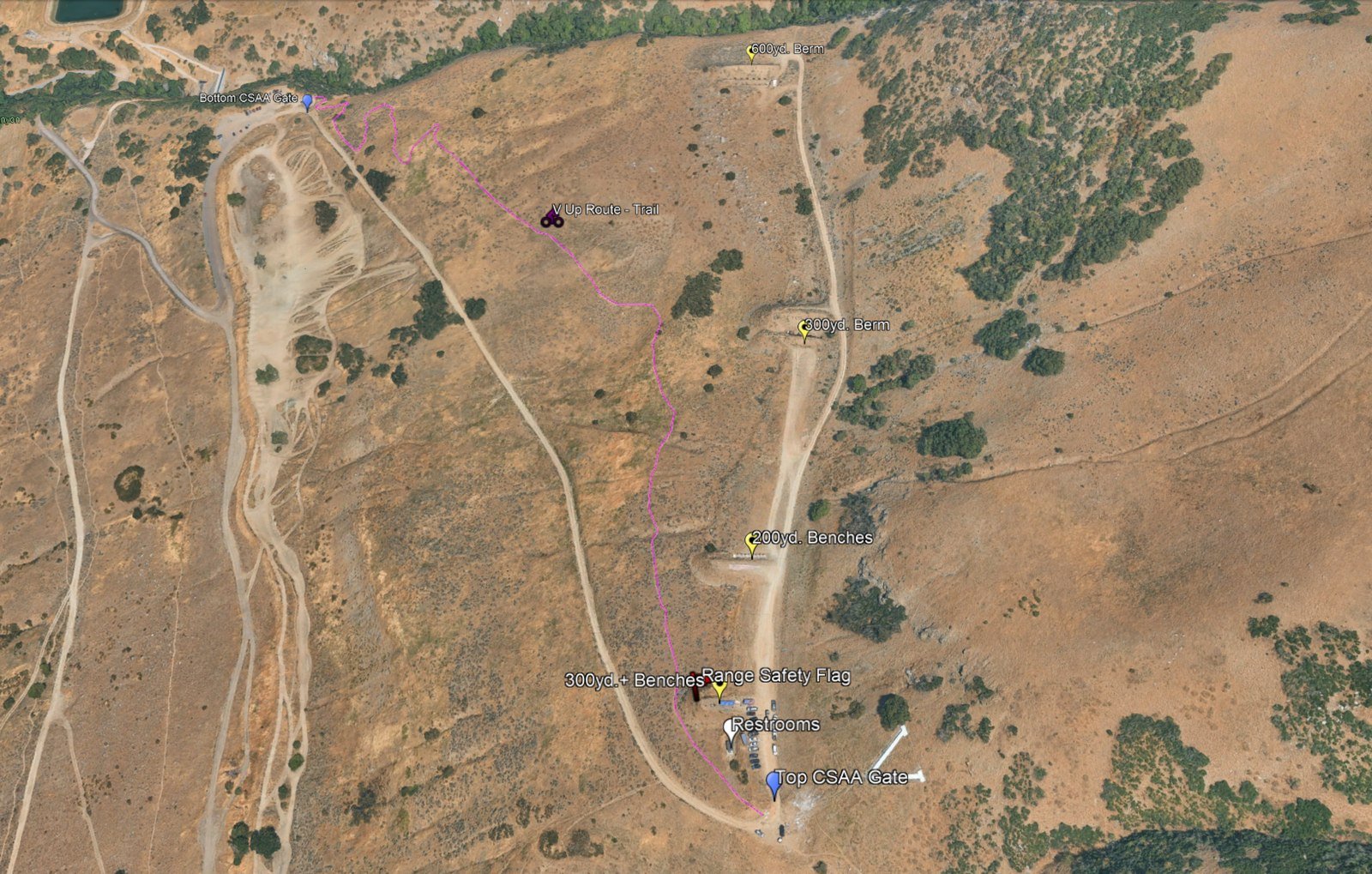 Aerial map of the Centerville Small Arms range, marked with the Bottom CSAA Gate, the
                V Up Route trail climbing the canyon, the 600-yard and 300-yard target berms, the
                200-yard and 300-yard-plus benches, the Range Safety Flag, the Restrooms, and the
                Top CSAA Gate.
